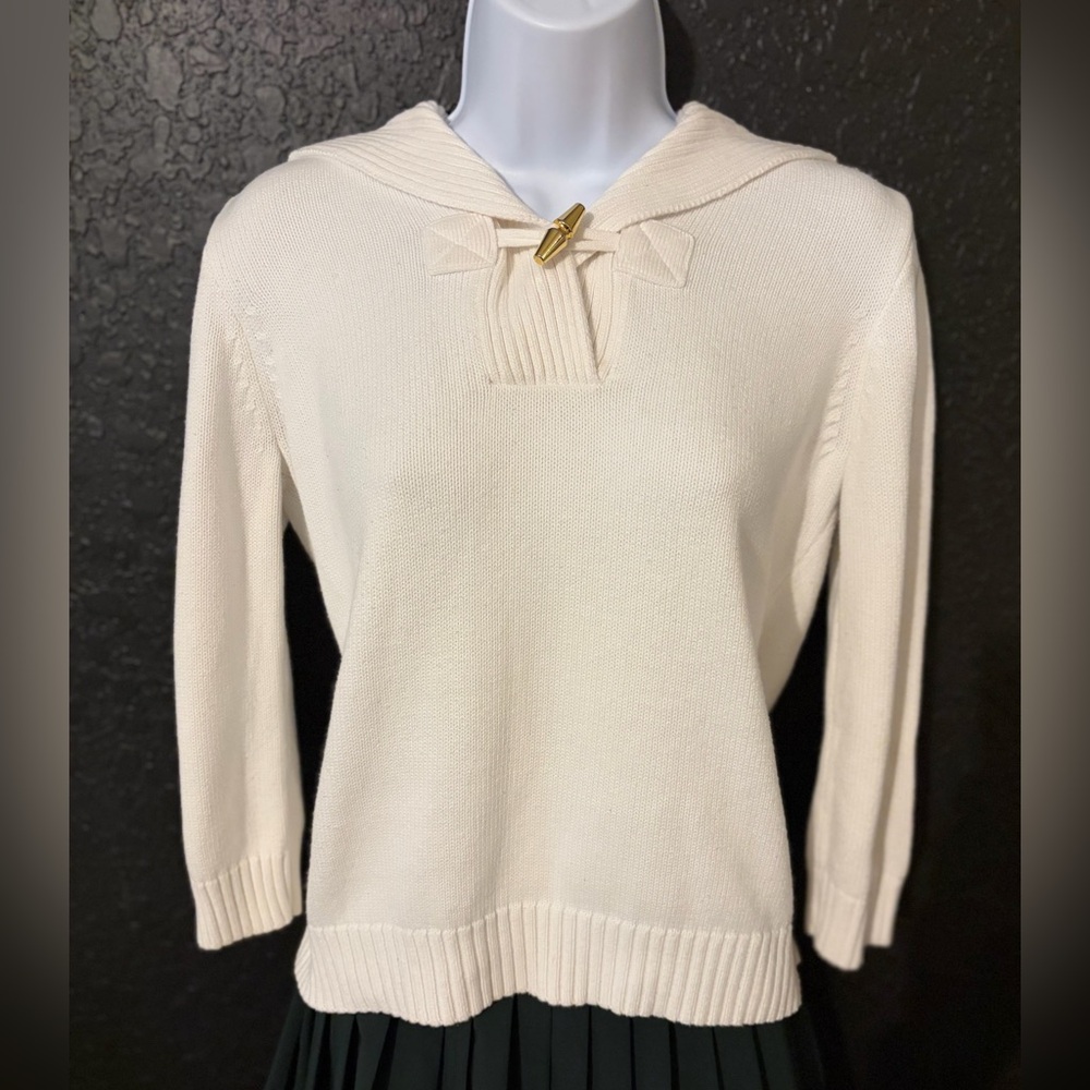 Chaps 100% Cotton White Nautical Knit Sweater Small Gold Toggle Collar Pullover